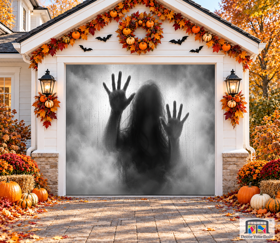 Horror Woman Behind Matte Glass garage door cover — one-car garage front view