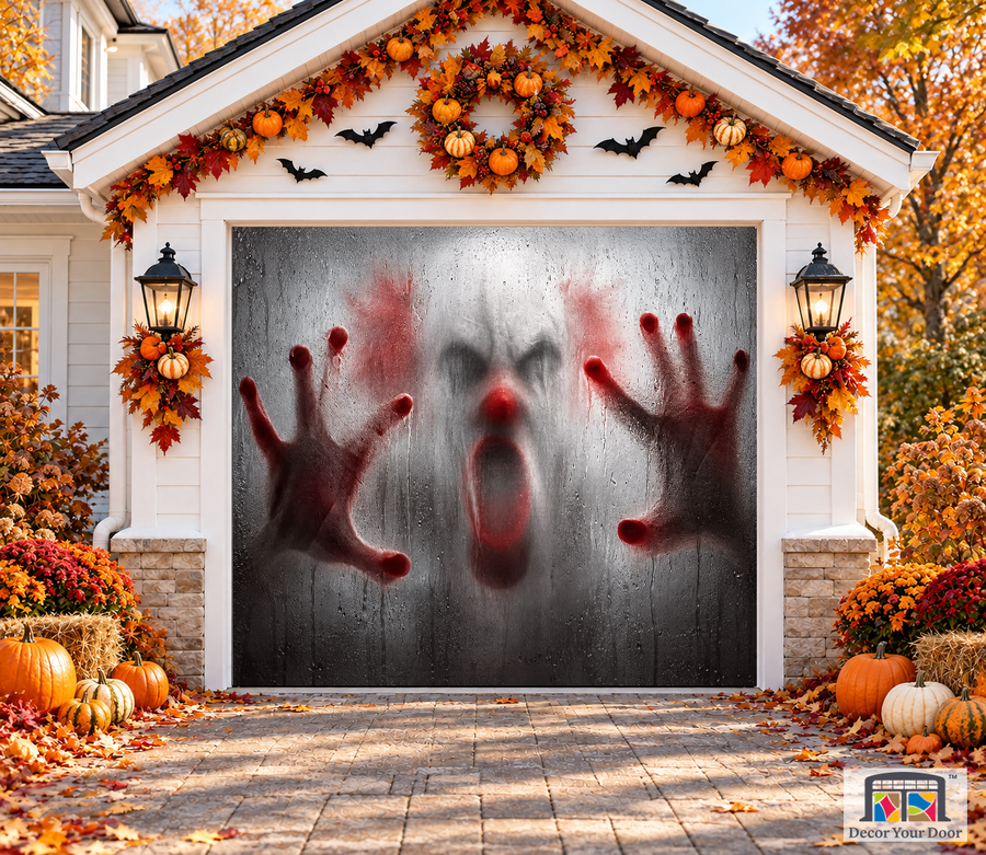 Scary Clown Trapped garage door cover — one-car garage front view