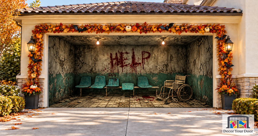 3D Creepy Room garage door cover — two-car garage front view