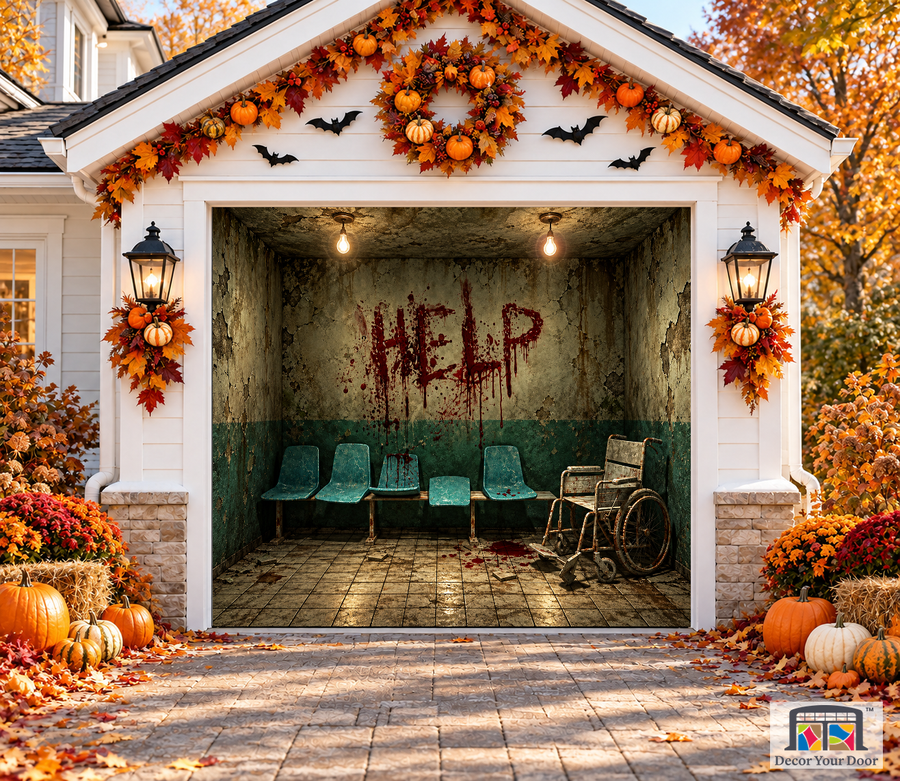 3D Creepy Room garage door cover — one-car garage front view