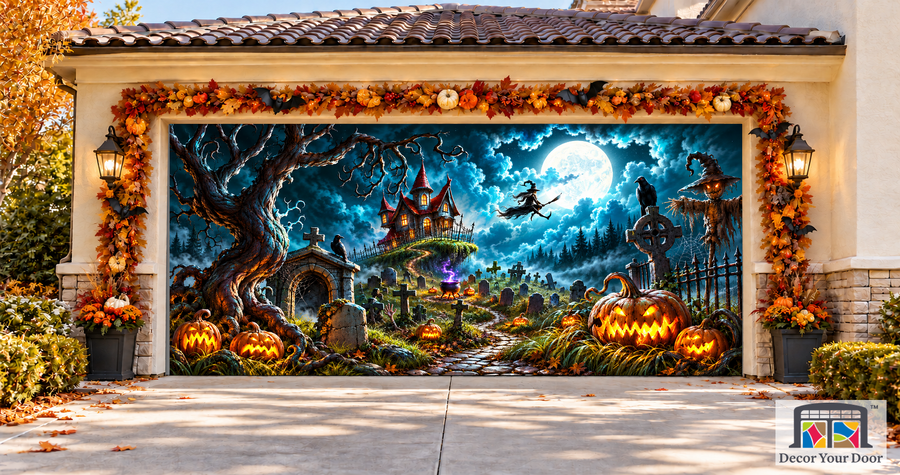 Mystery Graveyard at Night garage door cover — two-car garage front view