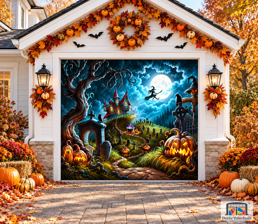 Mystery Graveyard at Night garage door cover — one-car garage front view