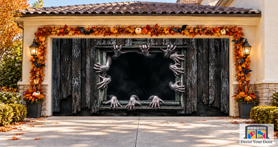 Hands Rising from Old Window garage door cover — two-car garage front view