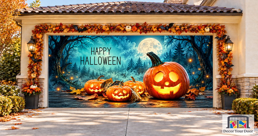 Halloween Pumpkin Forest garage door cover — two-car garage front view