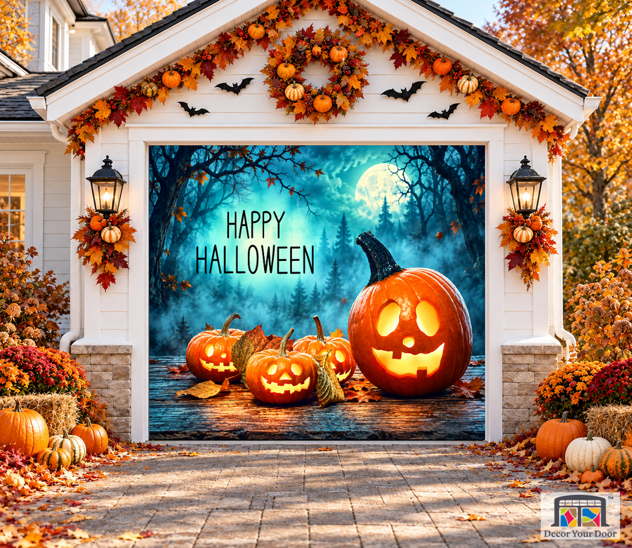 Halloween Pumpkin Forest garage door cover — one-car garage front view