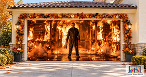 Michael Myers at the Burning Entrance Garage Door Cover Banner Wrap