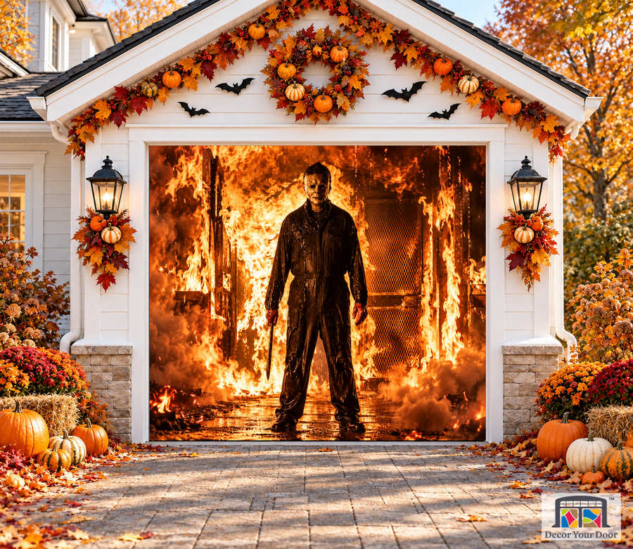 Michael Myers Burning Entrance garage door cover — one-car garage front view