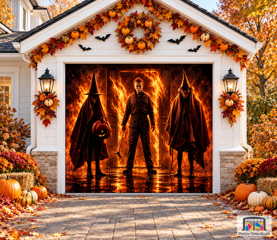 Michael Myers Burning Entrance II garage door cover — one-car garage front view