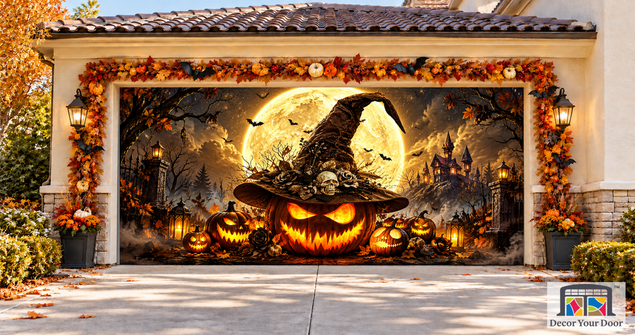 Witchy Pumpkin garage door cover — two-car garage front view