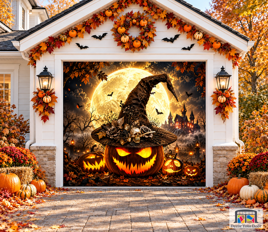 Witchy Pumpkin garage door cover — one-car garage front view