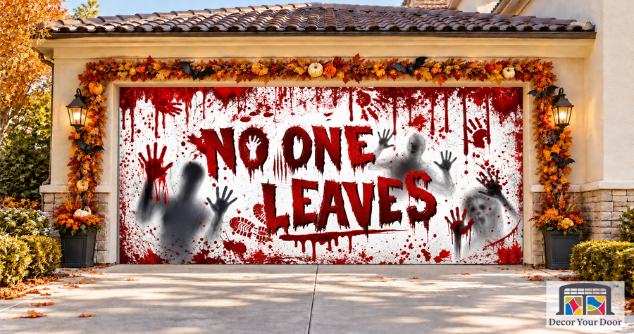 No One Leaves Footprints garage door cover — two-car garage front view
