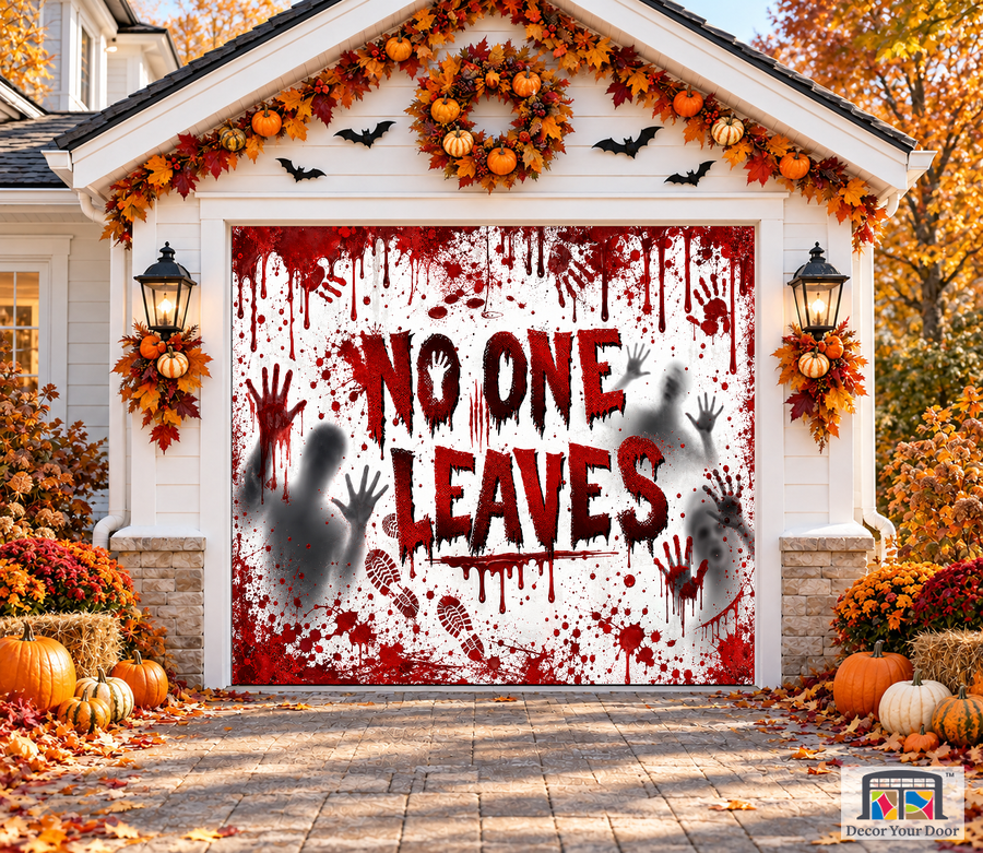 No One Leaves Footprints garage door cover — one-car garage front view