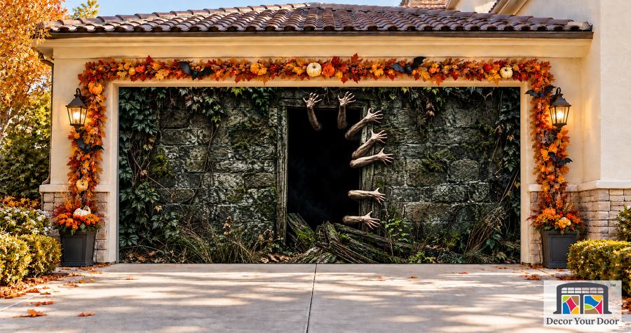 Zombie Hands Through the Door garage door cover — two-car garage front view