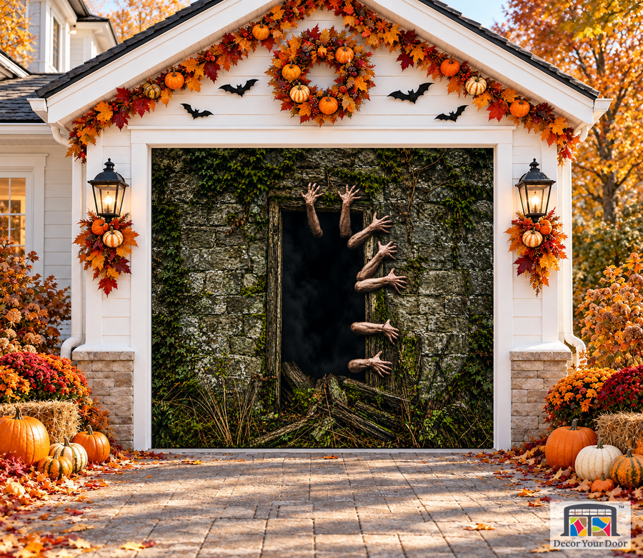 Zombie Hands Through the Door garage door cover — one-car garage front view