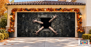 Hands Sising Out From Small Window In Concrete Wall Garage Door Cover Wrap Decoration
