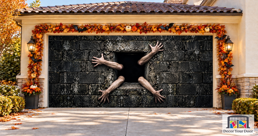 Hands in Concrete Wall Window garage door cover — two-car garage front view
