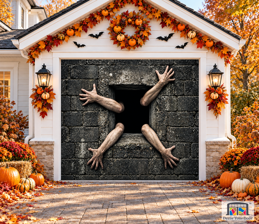 Hands in Concrete Wall Window garage door cover — one-car garage front view