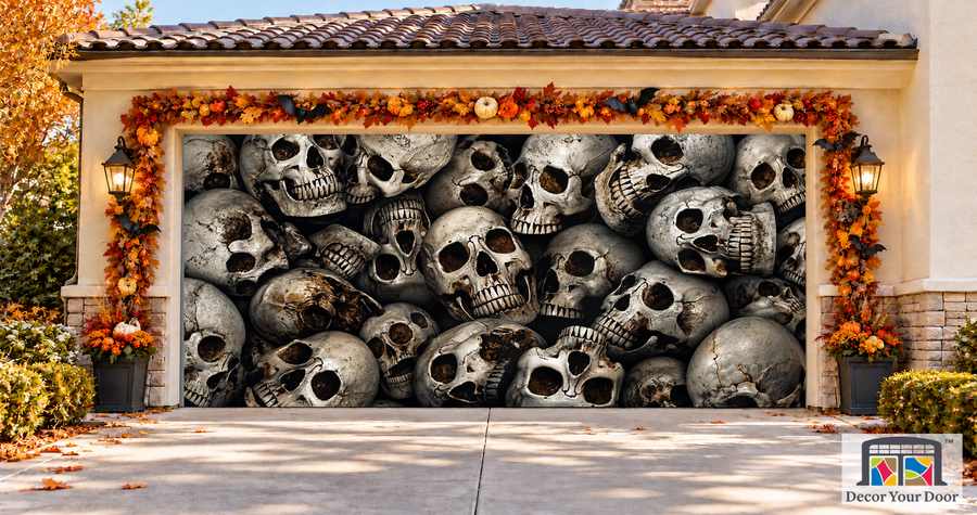 Pile of Human Skulls garage door cover — two-car garage front view