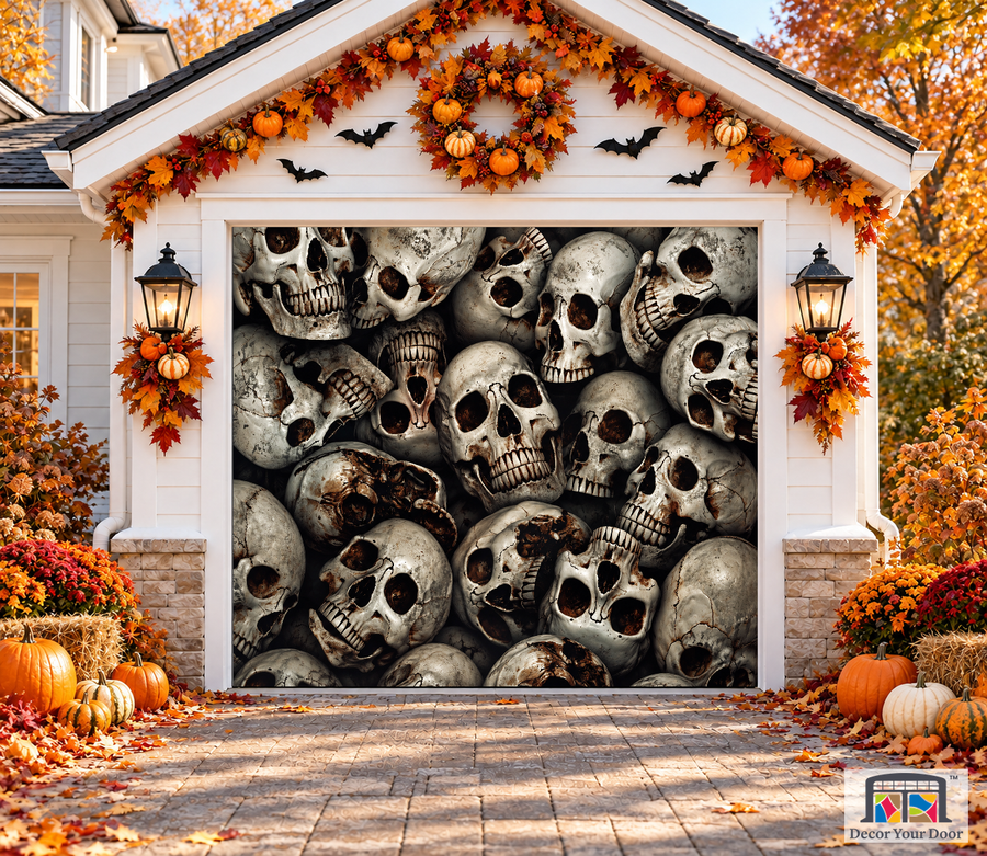 Pile of Human Skulls garage door cover — one-car garage front view