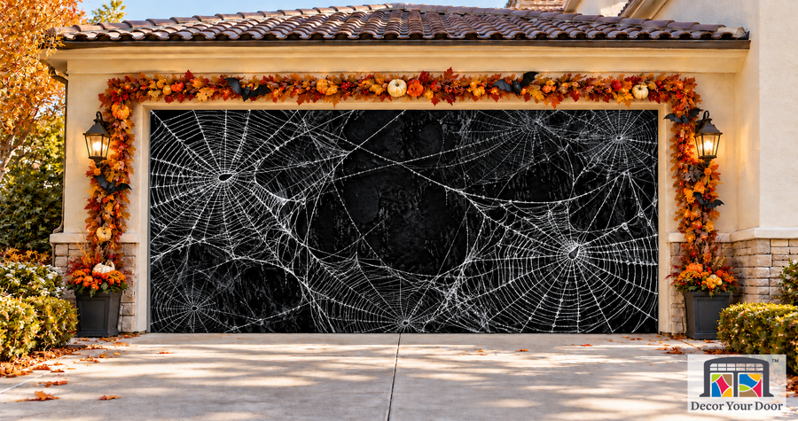 Black Wall Spider Web garage door cover — two-car garage front view