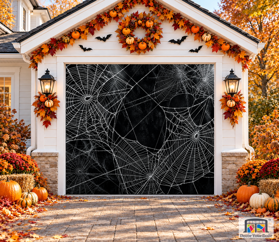 Black Wall Spider Web garage door cover — one-car garage front view