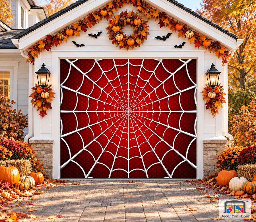 Red Spider Web garage door cover — one-car garage front view