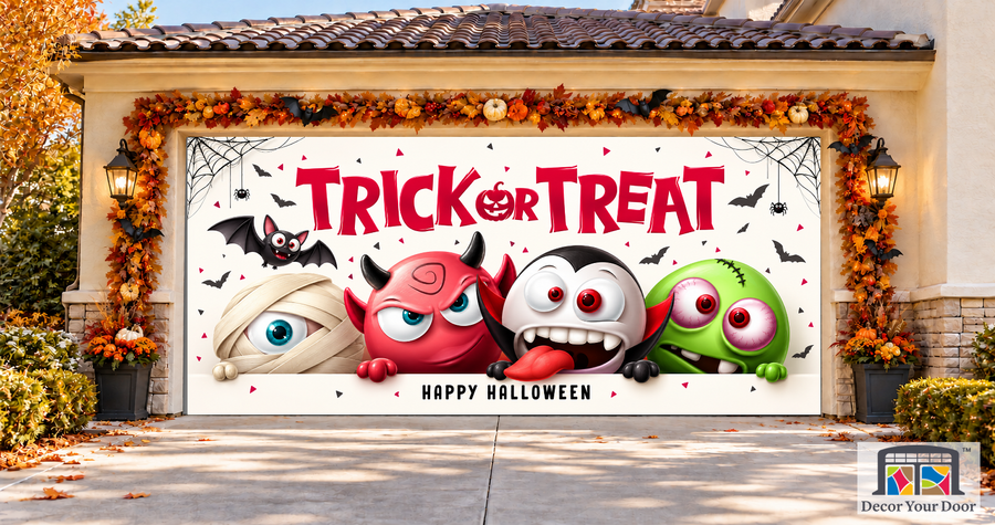 Trick or Treat Spooky Characters garage door cover — two-car garage front view