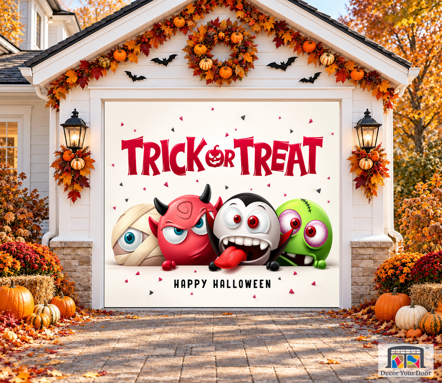 Trick or Treat Spooky Characters garage door cover — one-car garage front view