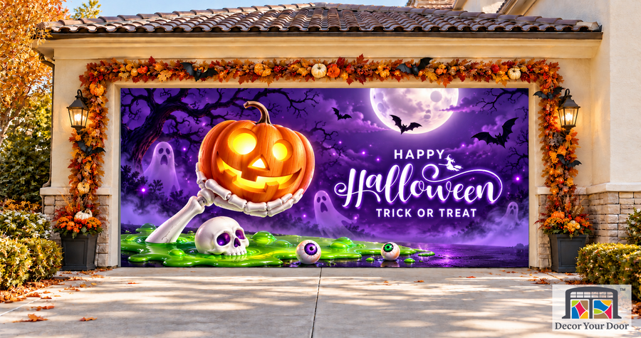 Trick or Treat Pumpkin & Skull garage door cover — two-car garage front view