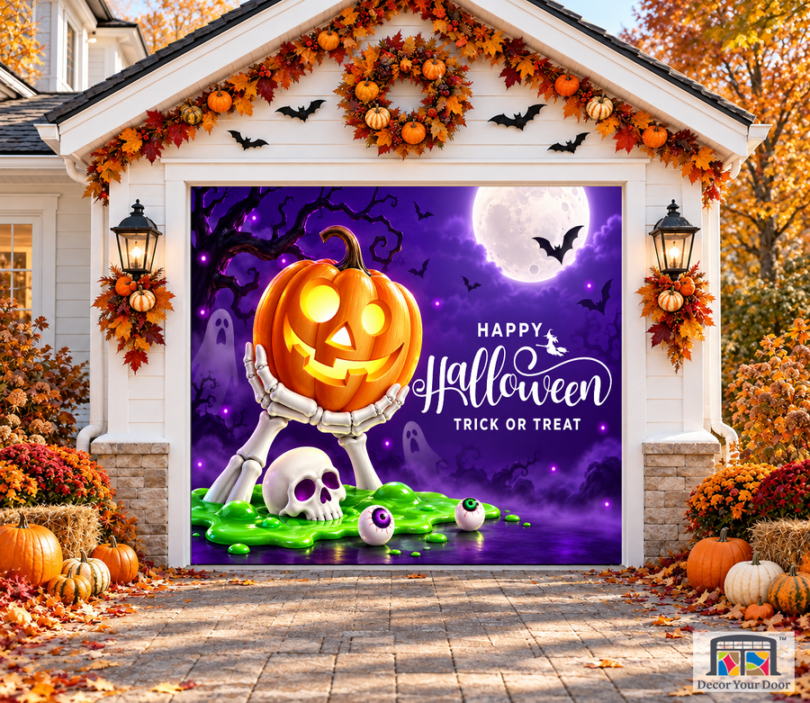 Trick or Treat Pumpkin & Skull garage door cover — one-car garage front view