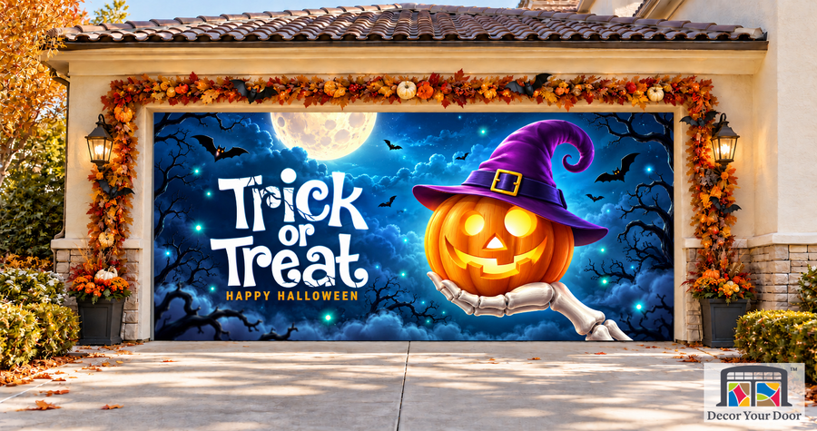 Witch Hat Pumpkin in Moonlight garage door cover — two-car garage front view