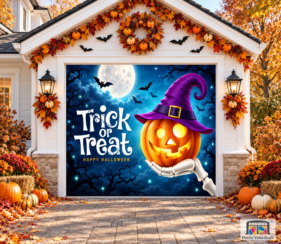 Witch Hat Pumpkin in Moonlight garage door cover — one-car garage front view