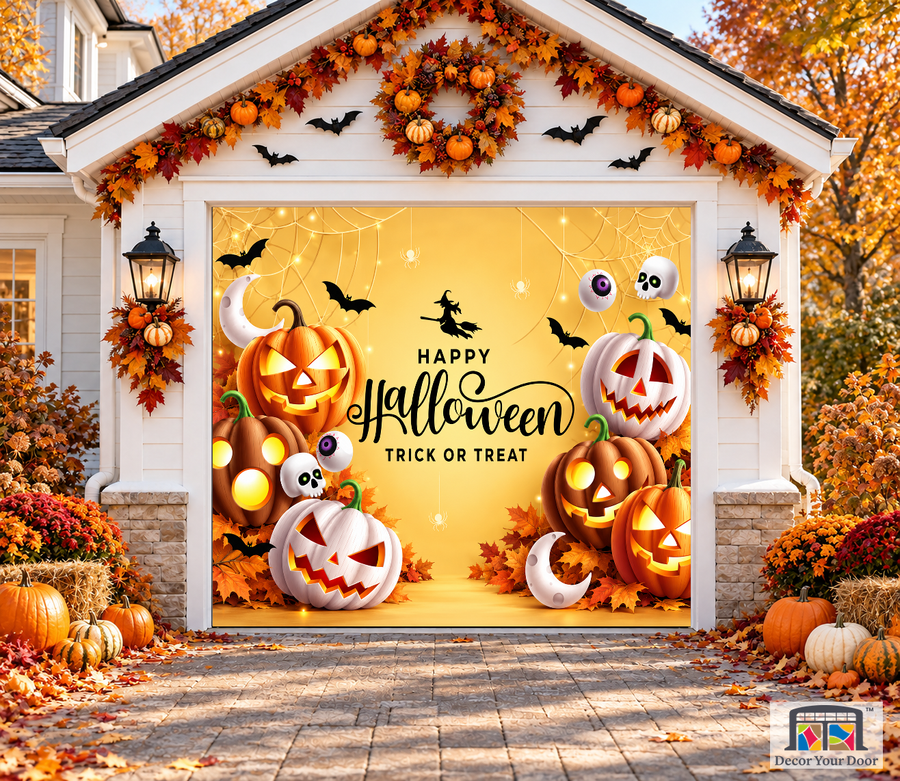 Trick or Treat Spooky Pumpkins garage door cover — one-car garage front view