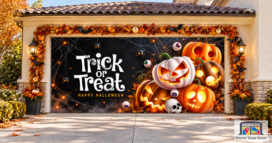 Trick or Treat Pumpkin Lantern garage door cover — two-car garage front view