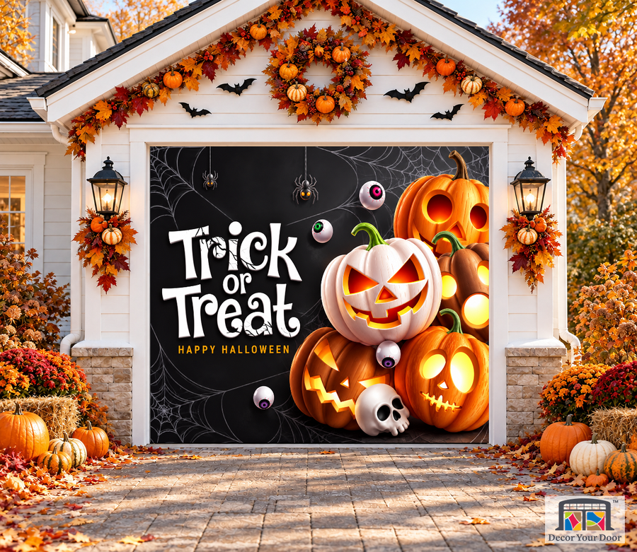 Trick or Treat Pumpkin Lantern garage door cover — one-car garage front view