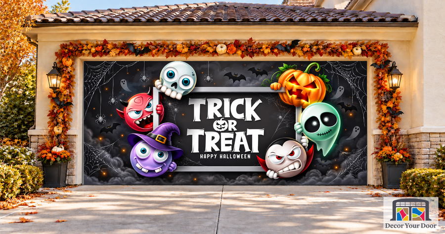 Pumpkins, Ghost, Vampire & Witch garage door cover — two-car garage front view