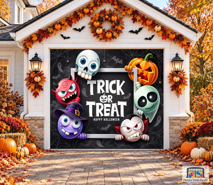 Pumpkins, Ghost, Vampire & Witch garage door cover — one-car garage front view