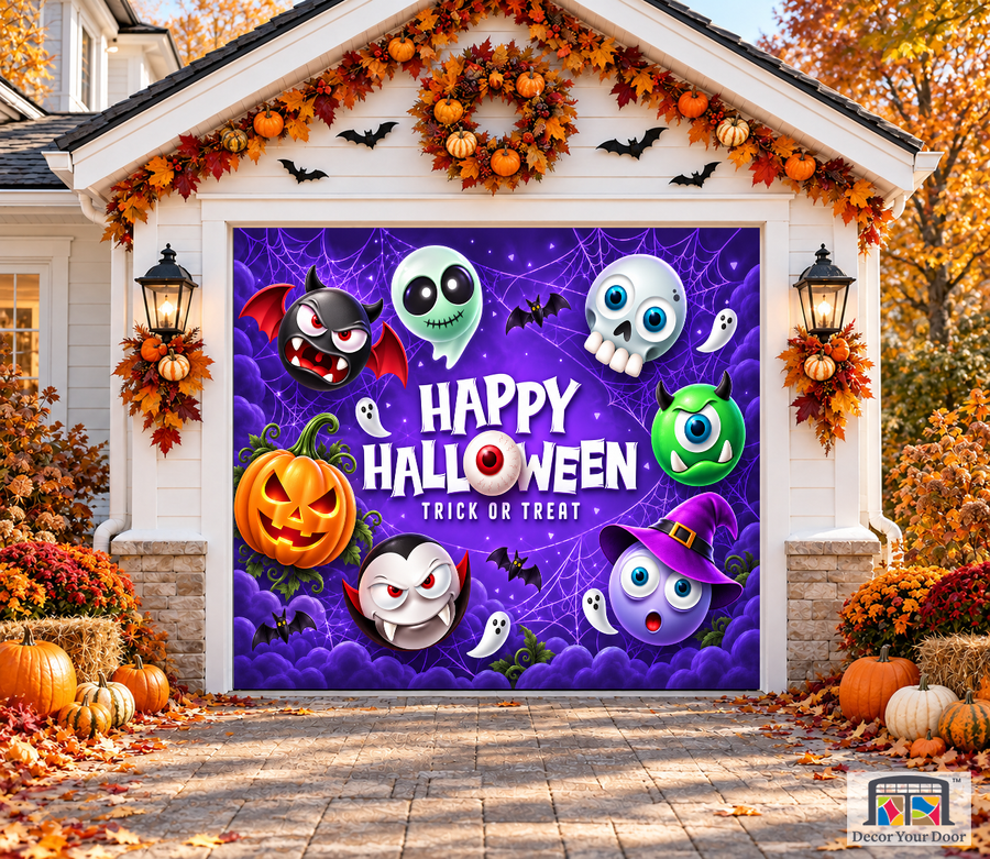 Purple Trick or Treat Characters garage door cover — one-car garage front view