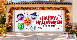 Happy Halloween Trick Or Treat In White Space With Hanging Scary Pumpkin Skull And Witch Horror Characters Garage Door Cover Wrap Decoration