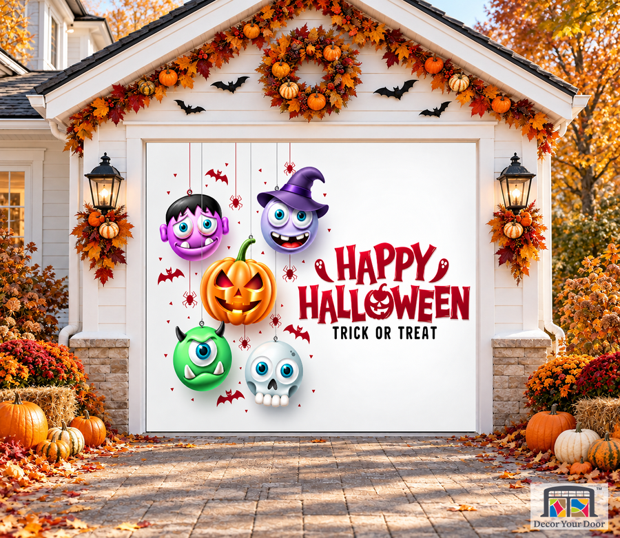 Hanging Halloween Characters garage door cover — one-car garage front view