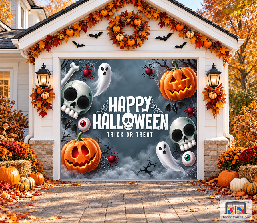 Gray Trick or Treat Characters garage door cover — one-car garage front view