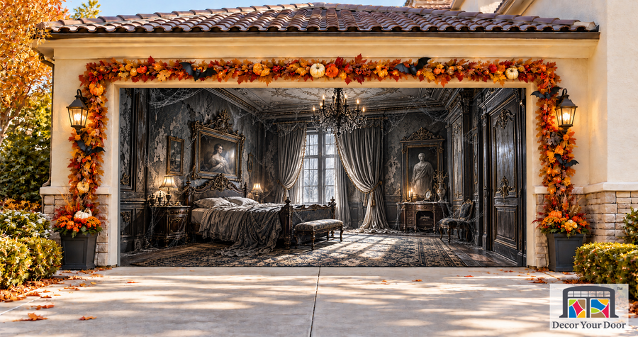 Creepy Vintage Room & Spiderwebs garage door cover — two-car garage front view