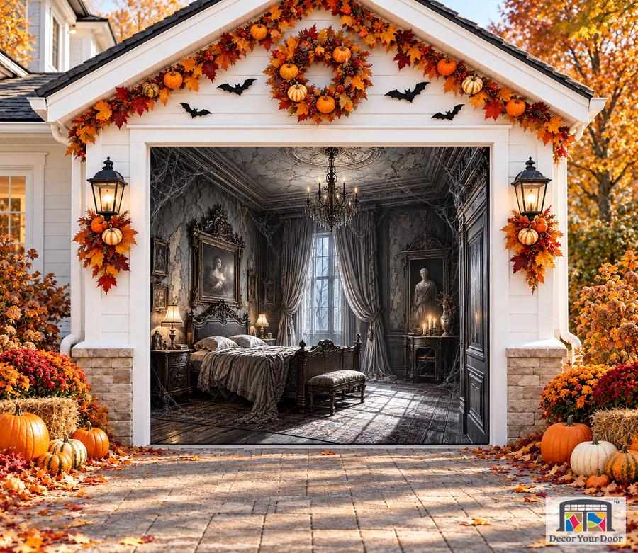 Creepy Vintage Room & Spiderwebs garage door cover — one-car garage front view