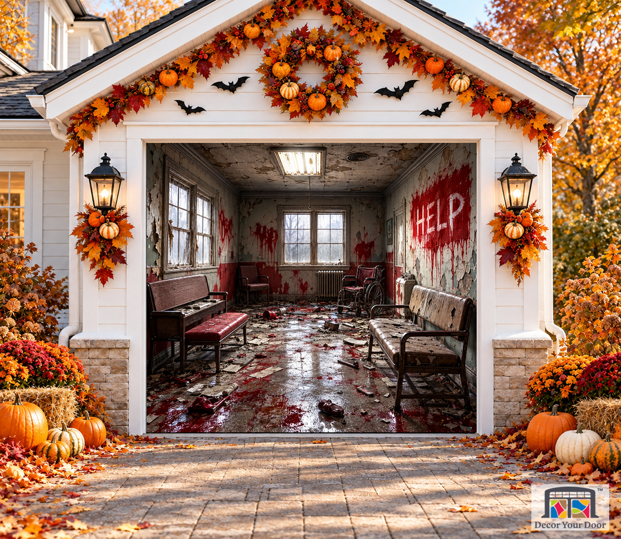 Abandoned Hospital & Wheelchair garage door cover — one-car garage front view