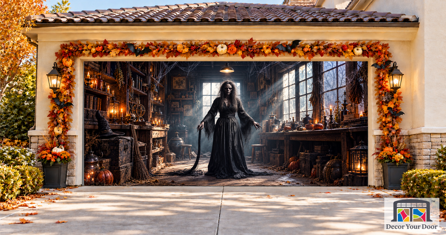 Witch Ghost in the Room garage door cover — two-car garage front view