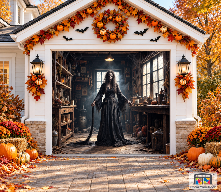 Witch Ghost in the Room garage door cover — one-car garage front view