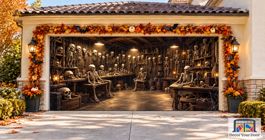 Spooky Room Skeleton Collection garage door cover — two-car garage front view