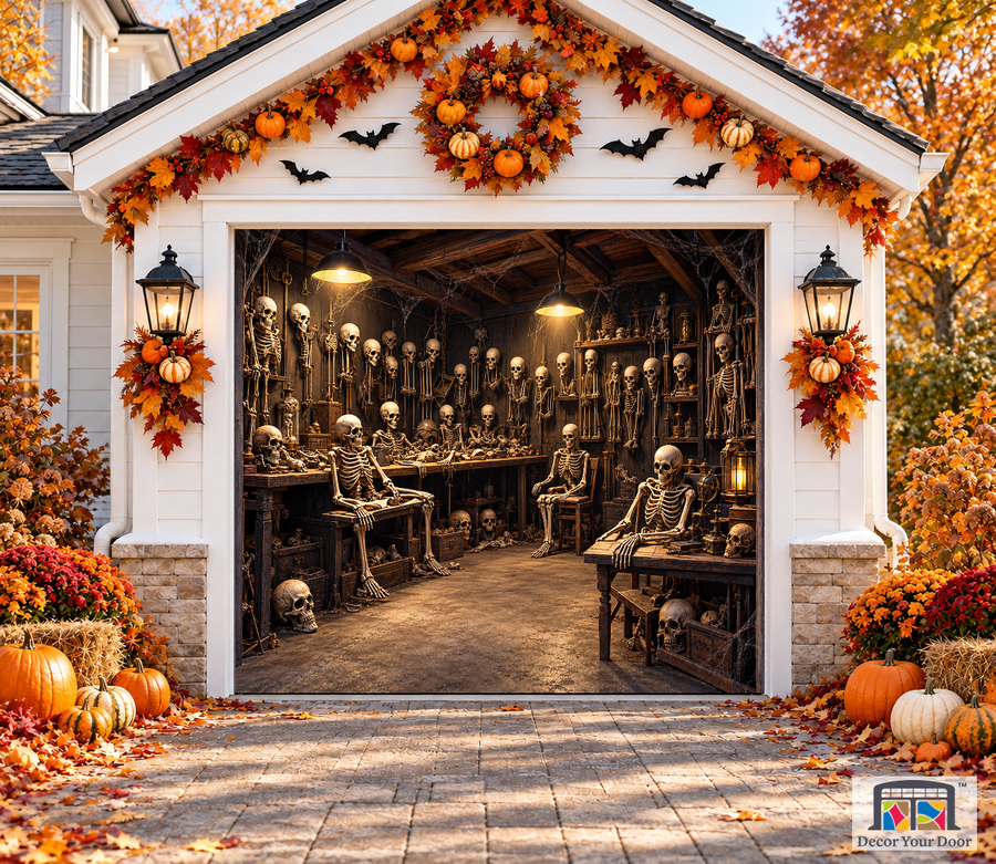 Spooky Room Skeleton Collection garage door cover — one-car garage front view