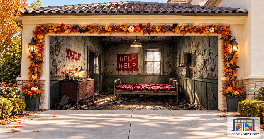 Eerie Abandoned Room & Help garage door cover — two-car garage front view