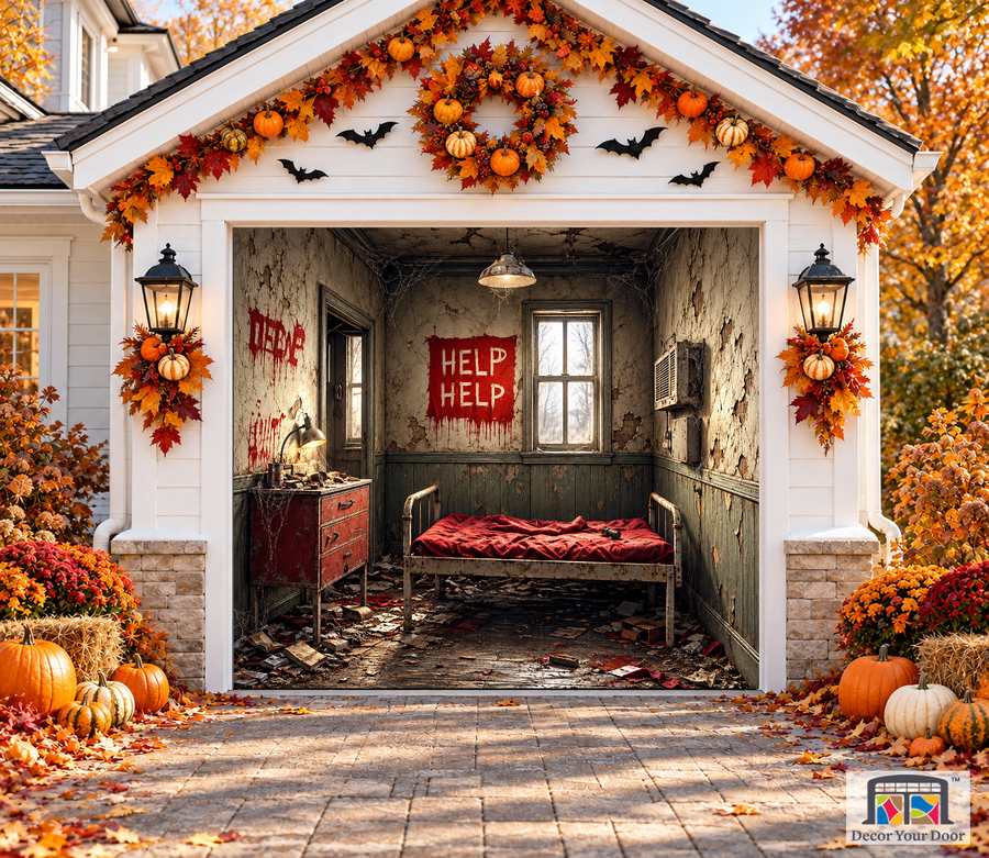 Eerie Abandoned Room & Help garage door cover — one-car garage front view